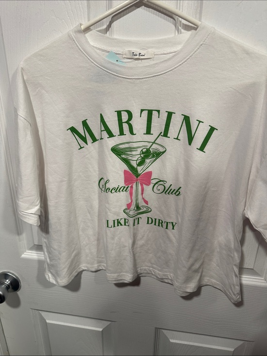 Tres Bien Tops - Martini Social Club Graphic Tee - White with Green & Pink Print